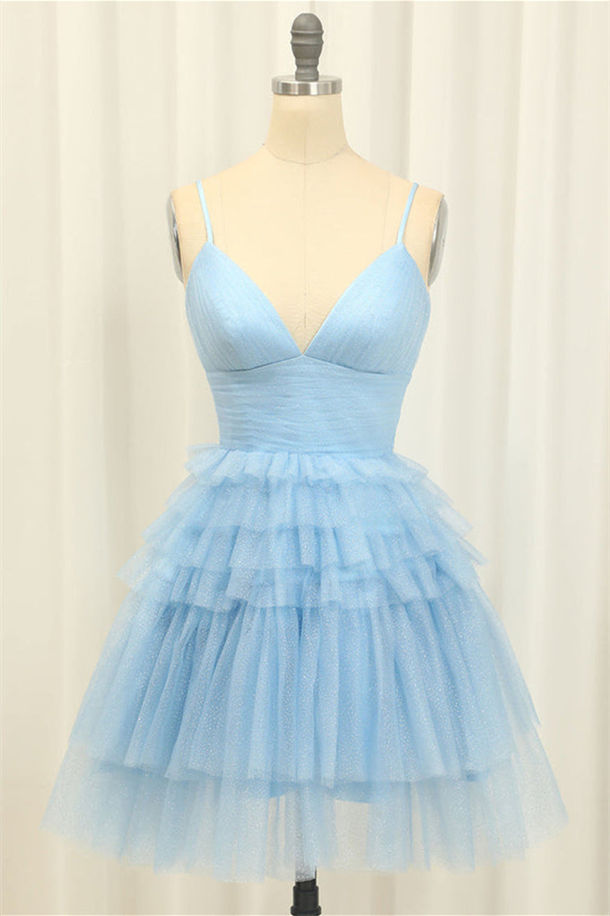 Straps Blue Tiered Ruffle A-line Short Dress