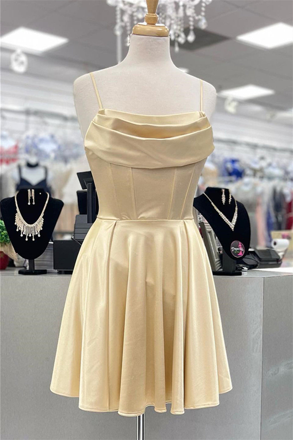 Straps Champagne Cowl Neck Short Party Dress