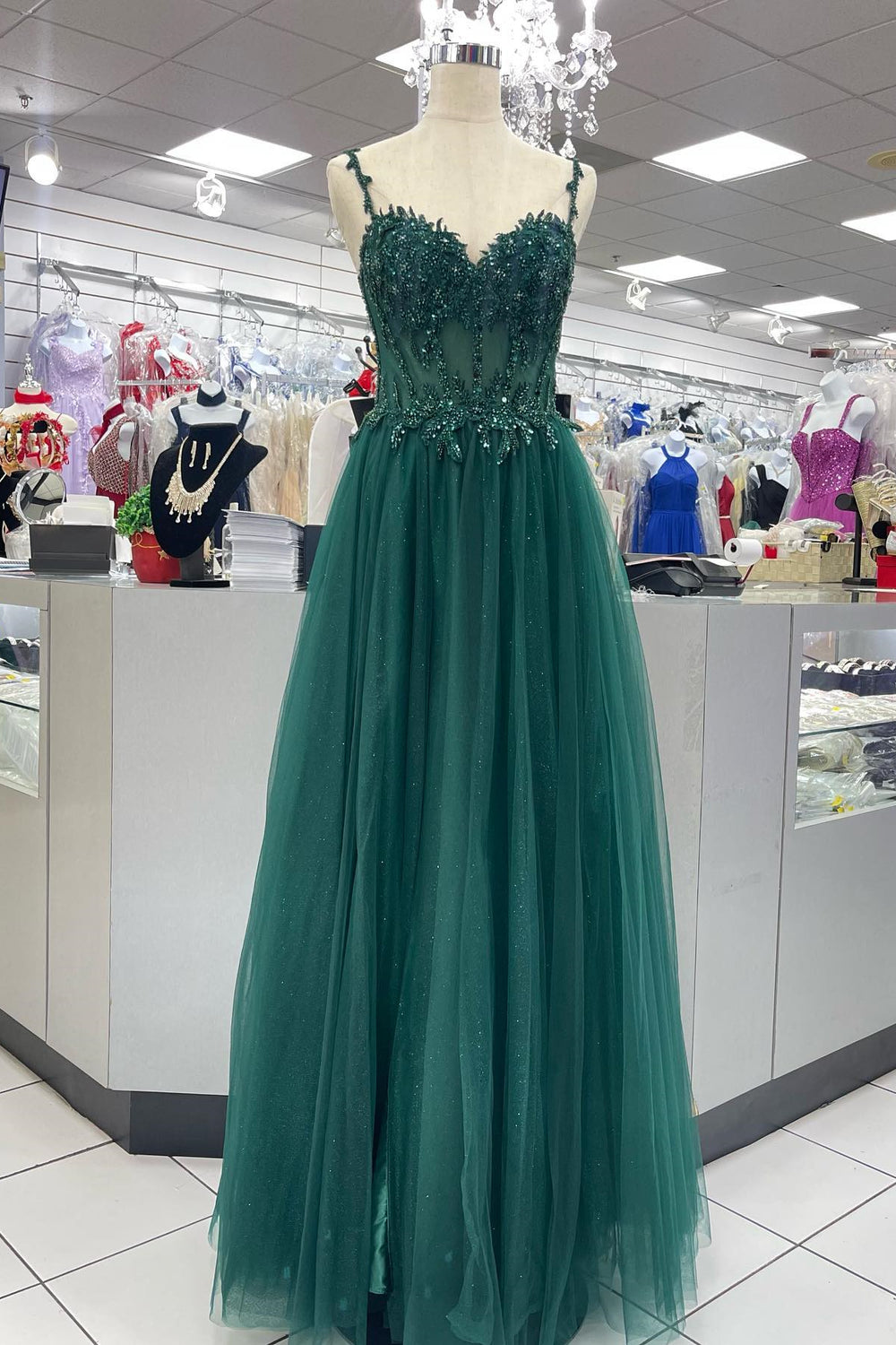 Straps Dark Green Beaded Long Formal Dress