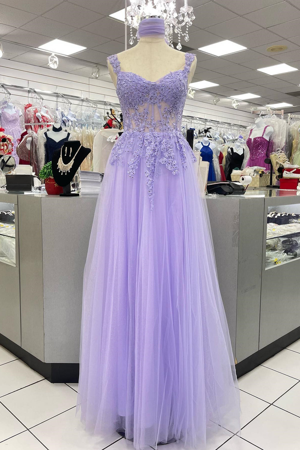 Straps Lavender Lace Appliques Long Formal Dress