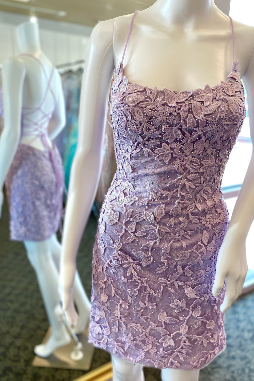 Straps Lavender Lace Appliques Tight Short Dress