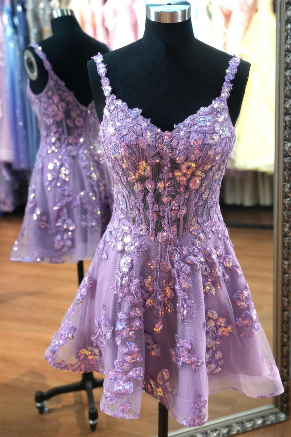 Straps Lavender Sequin Tulle Homecoming Dress