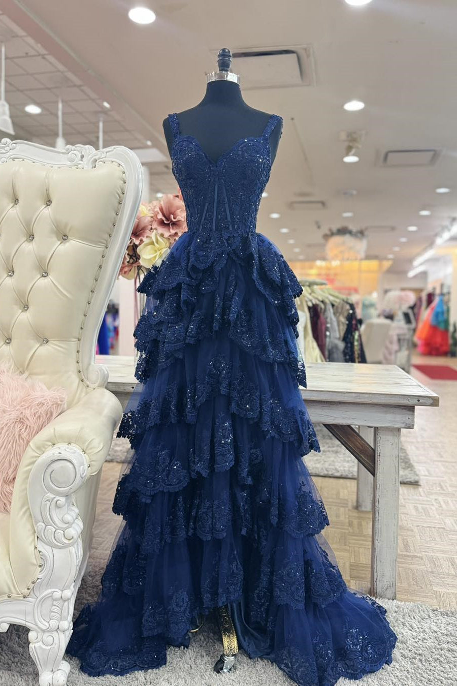 Straps Navy Blue Appliques Ruffles Long Formal Dress