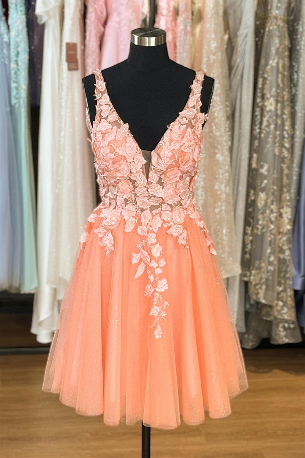 Straps Light Orange 3D Flowers Short Tulle Dress