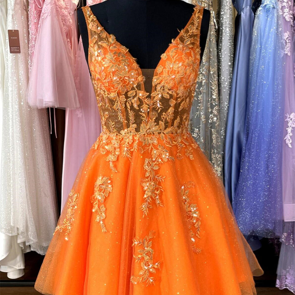 
                      
                        Straps Orange Appliques A-line Short Tulle Dress
                      
                    