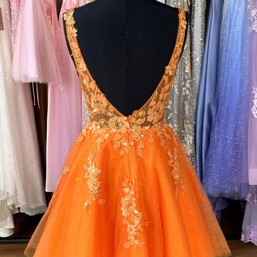 
                      
                        Straps Orange Appliques A-line Short Tulle Dress
                      
                    