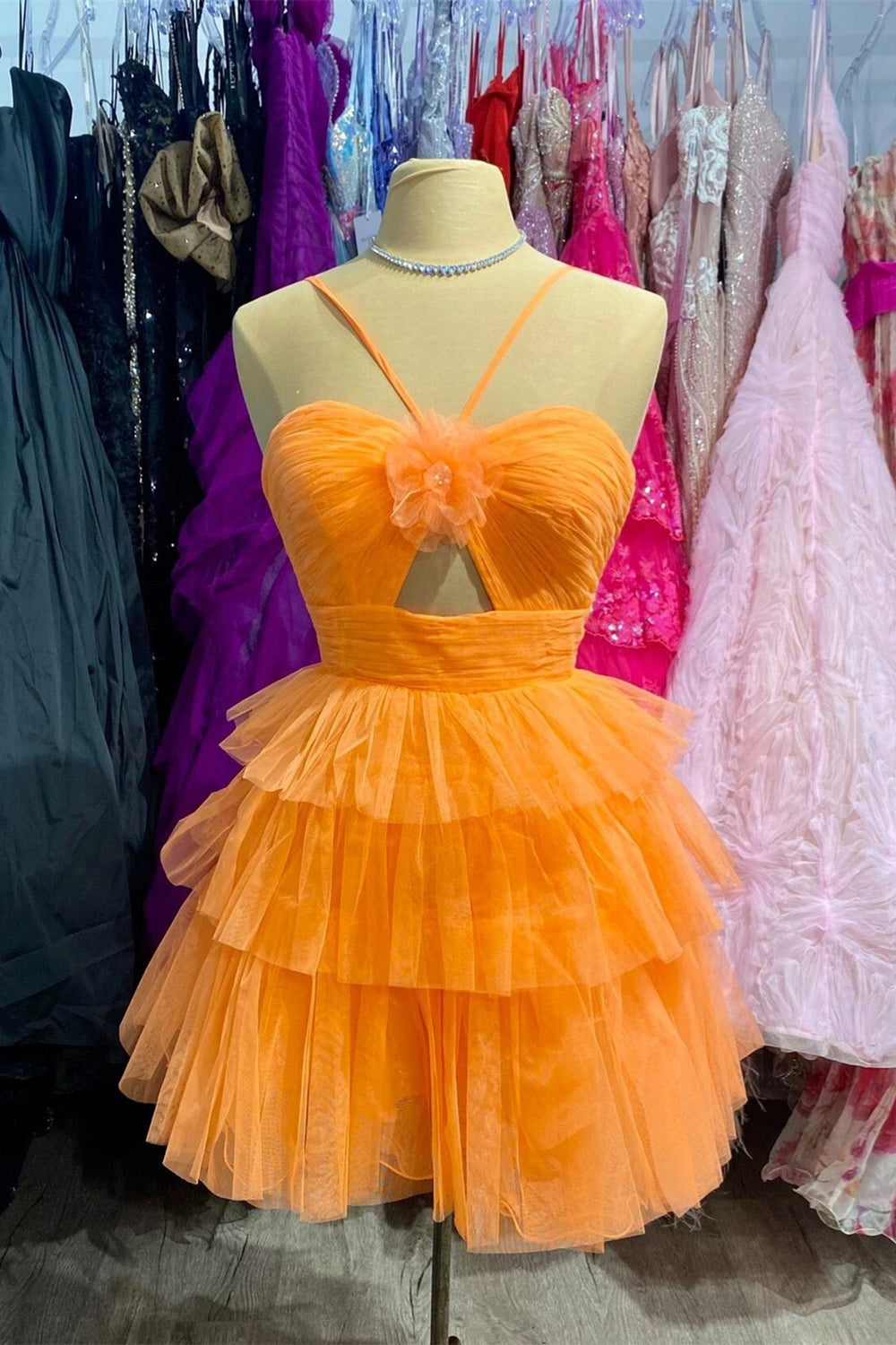 Straps Orange Tiered Ruffle Short Homecoming Dress