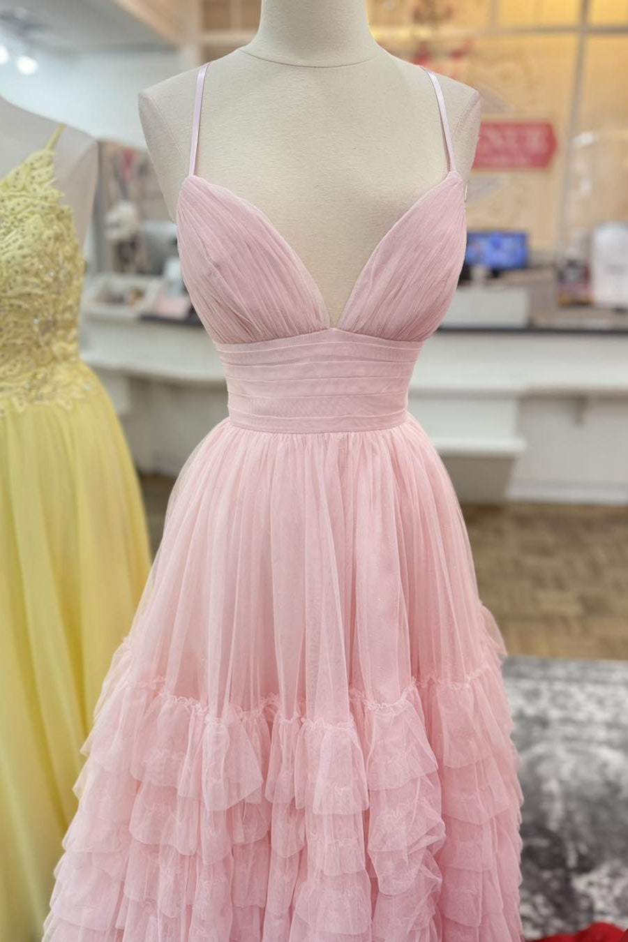 Straps Pink Tiered Ruffle Long Formal Dress