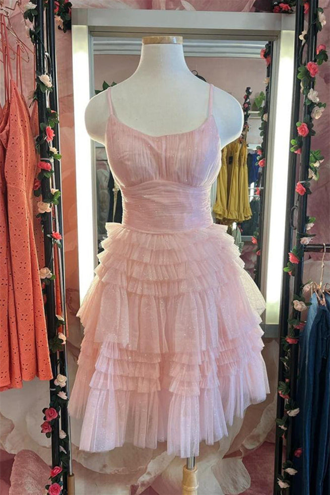 Straps Pink Tiered Ruffle Short Homecoming Dress