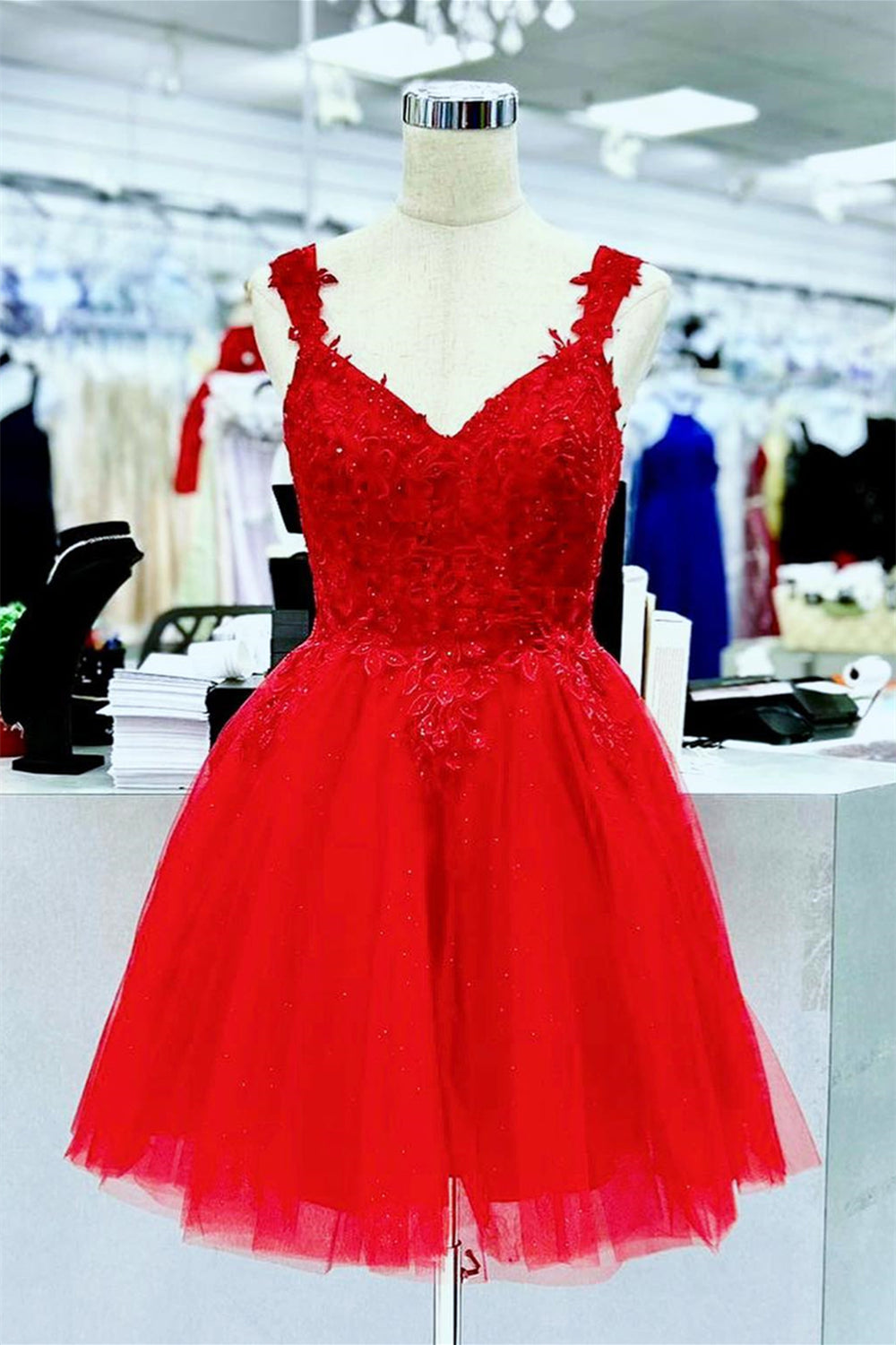 Straps Red Appliques A-line Homecoming Dress