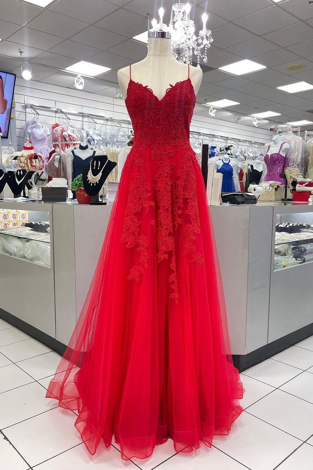 Straps Red Lace Appliques Long Formal Dress