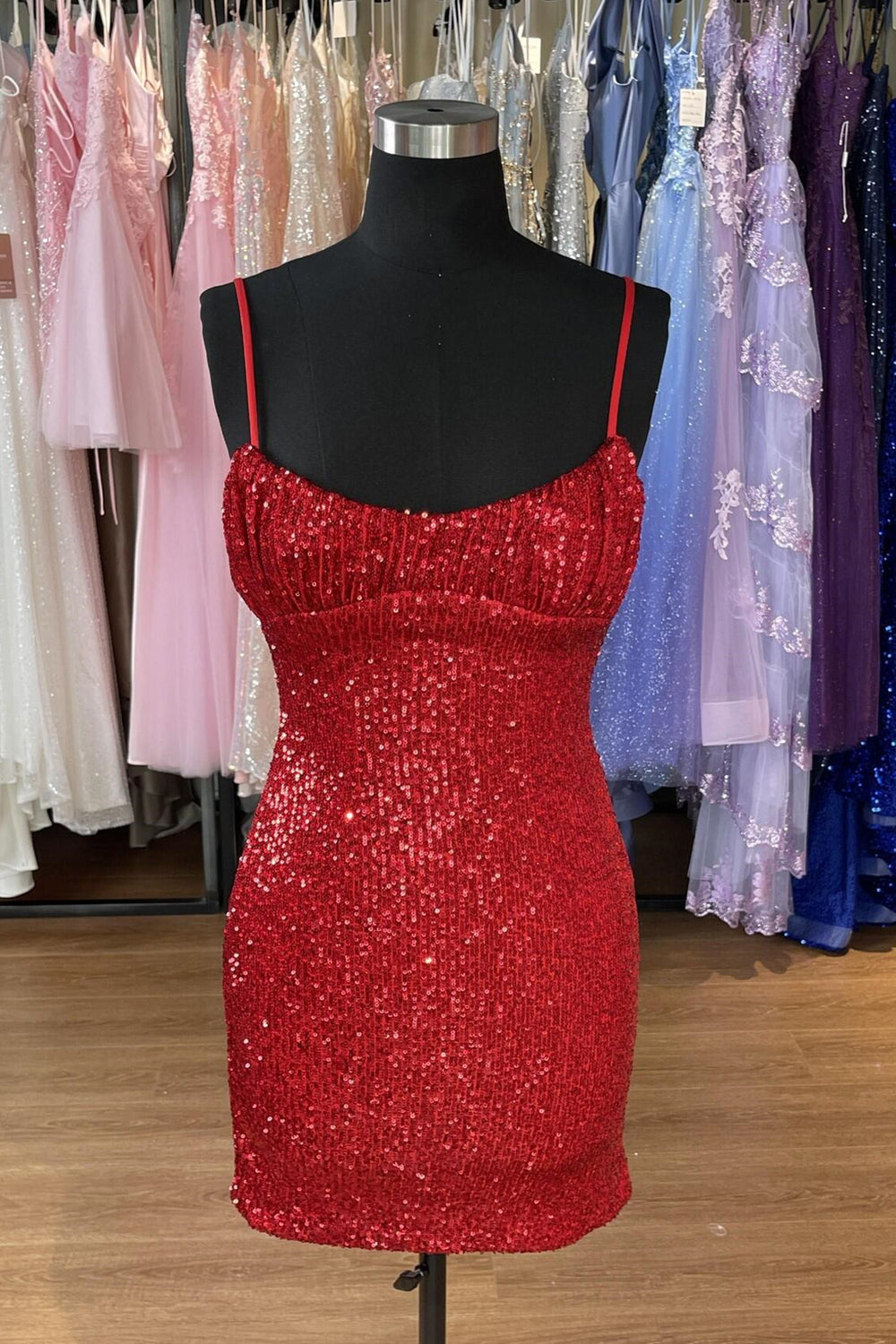 Straps Red Sequin Bodycon Mini Dress