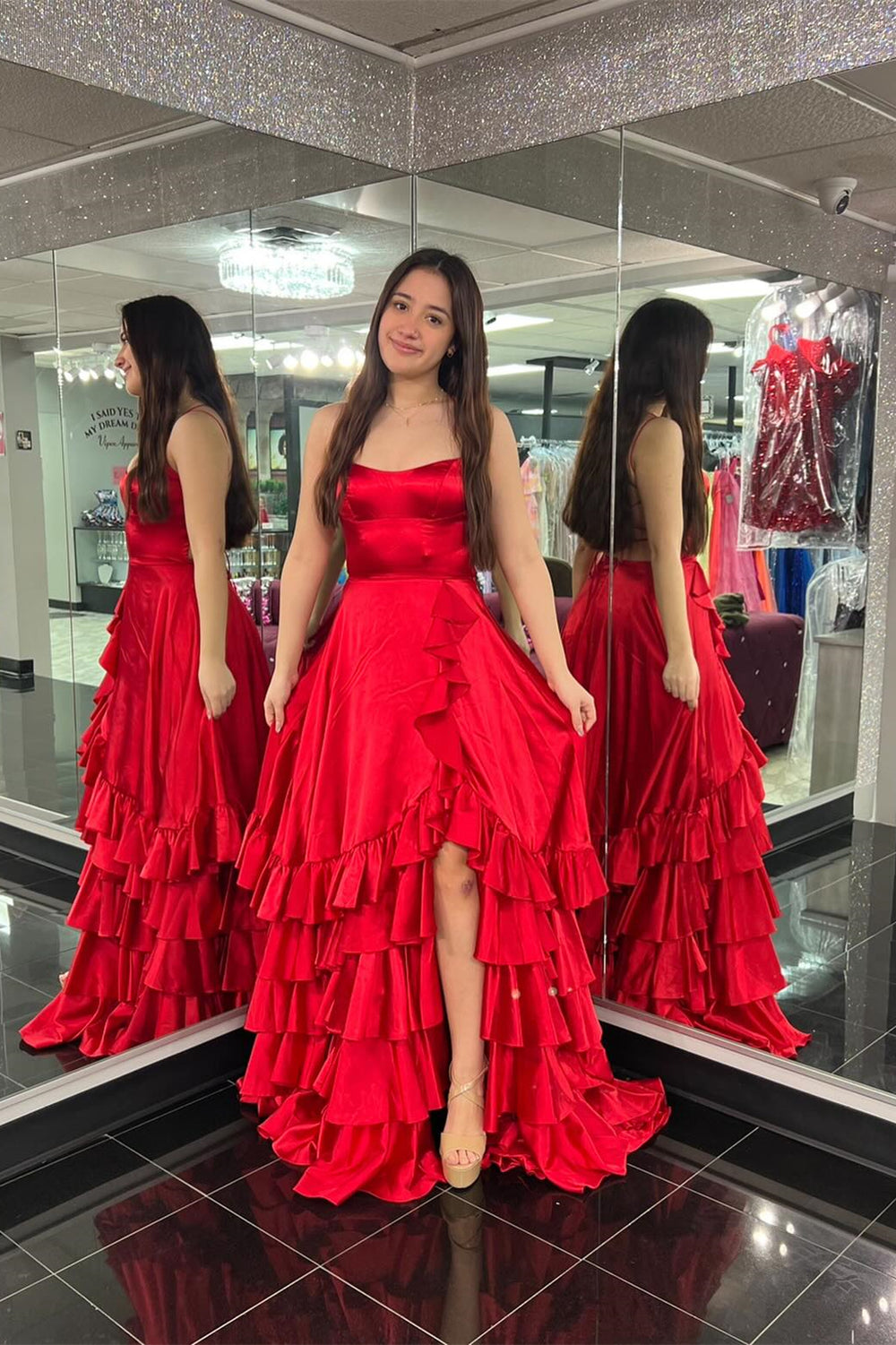 Straps Red Tiered Ruffle Satin Long Formal Dress