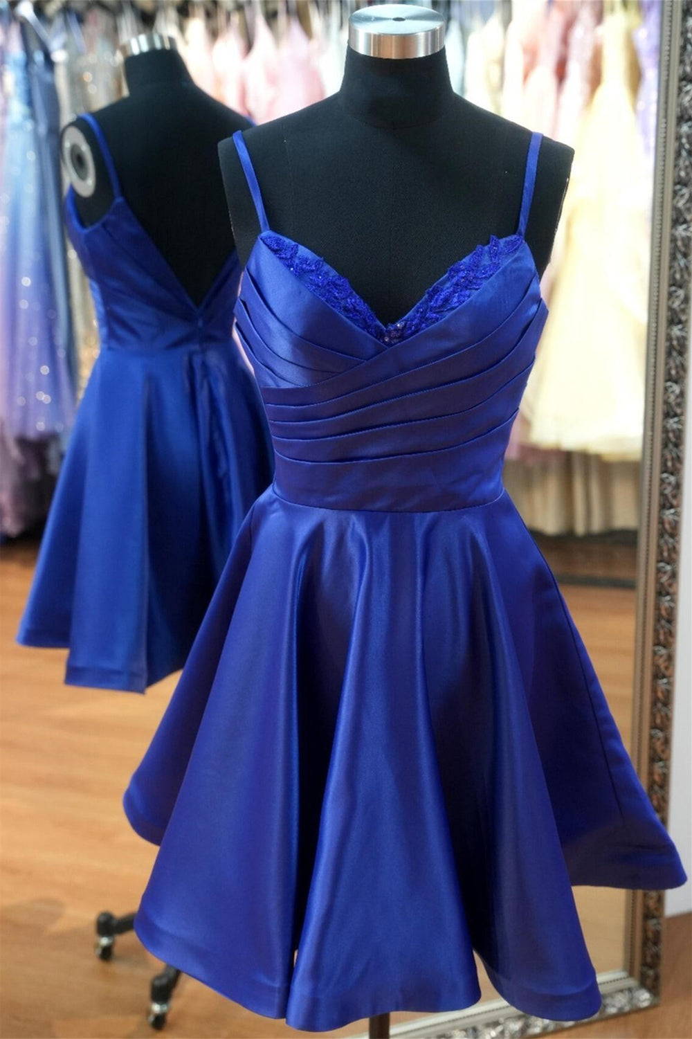 Straps Royal Blue Ruched A-line Homecoming Dress