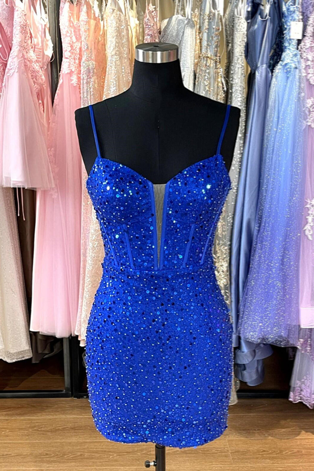 Straps Royal Blue Sequin Tight Short Dress