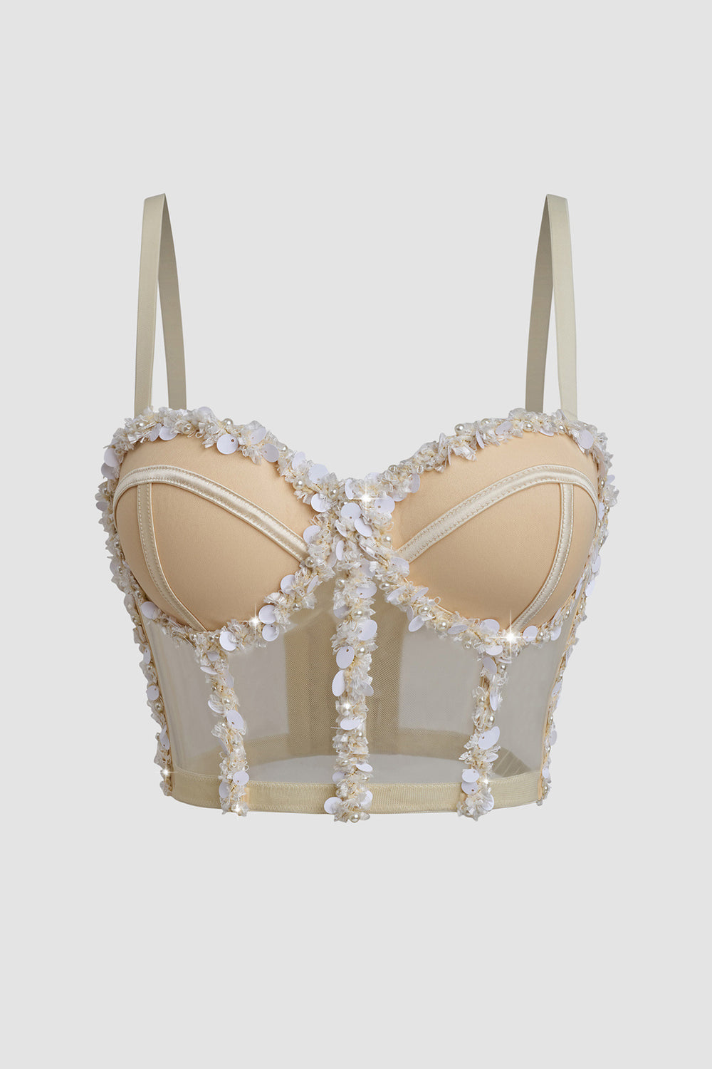 Sweetheart Apricot Sequin Sheer Bodice Corset Top