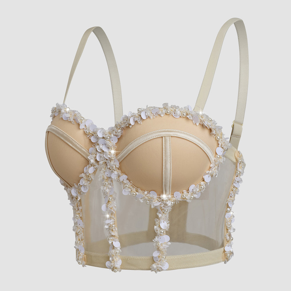 
                      
                        Sweetheart Apricot Sequin Sheer Bodice Corset Top
                      
                    