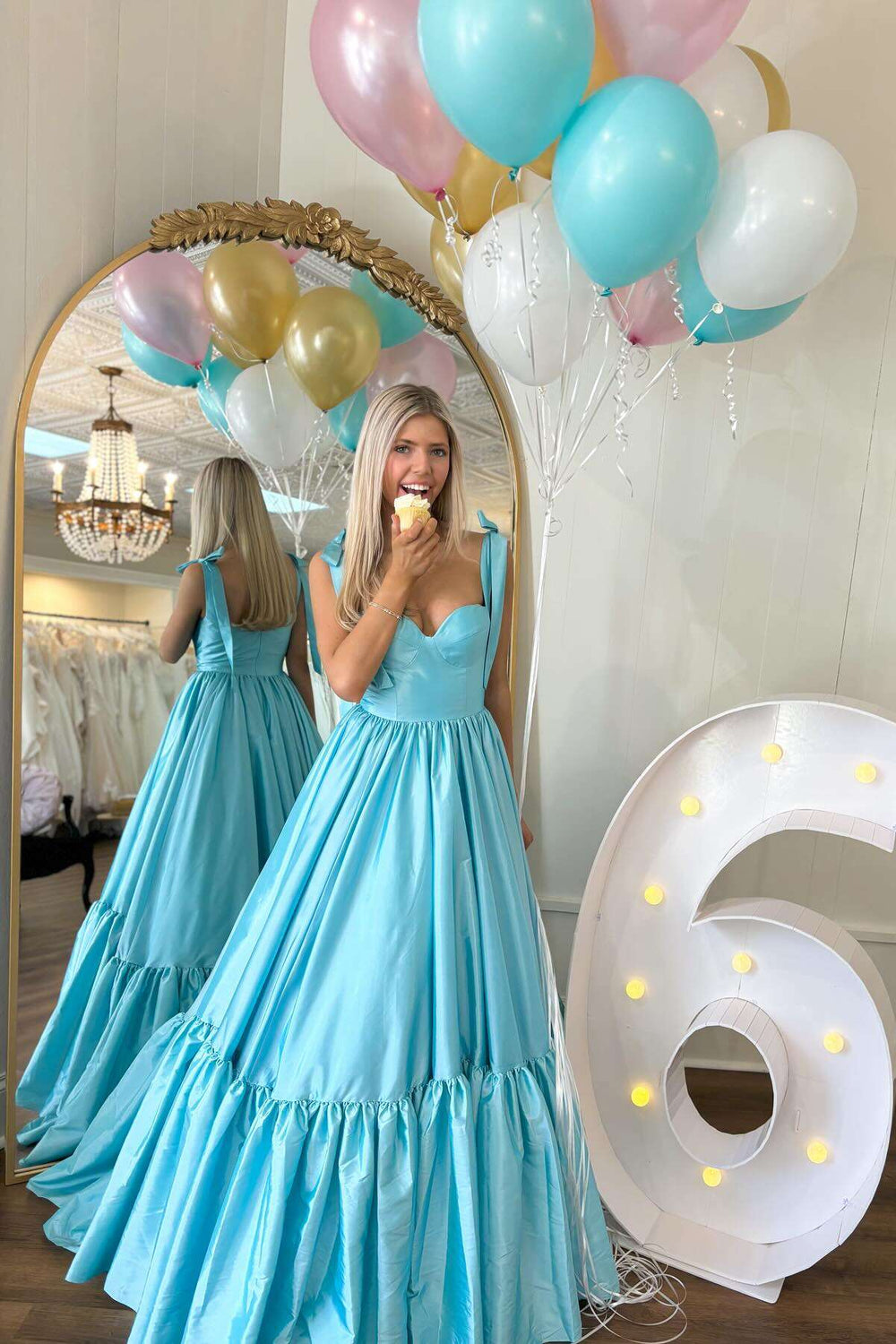 Sweetheart Aqua Ruffle A-line Long Dress