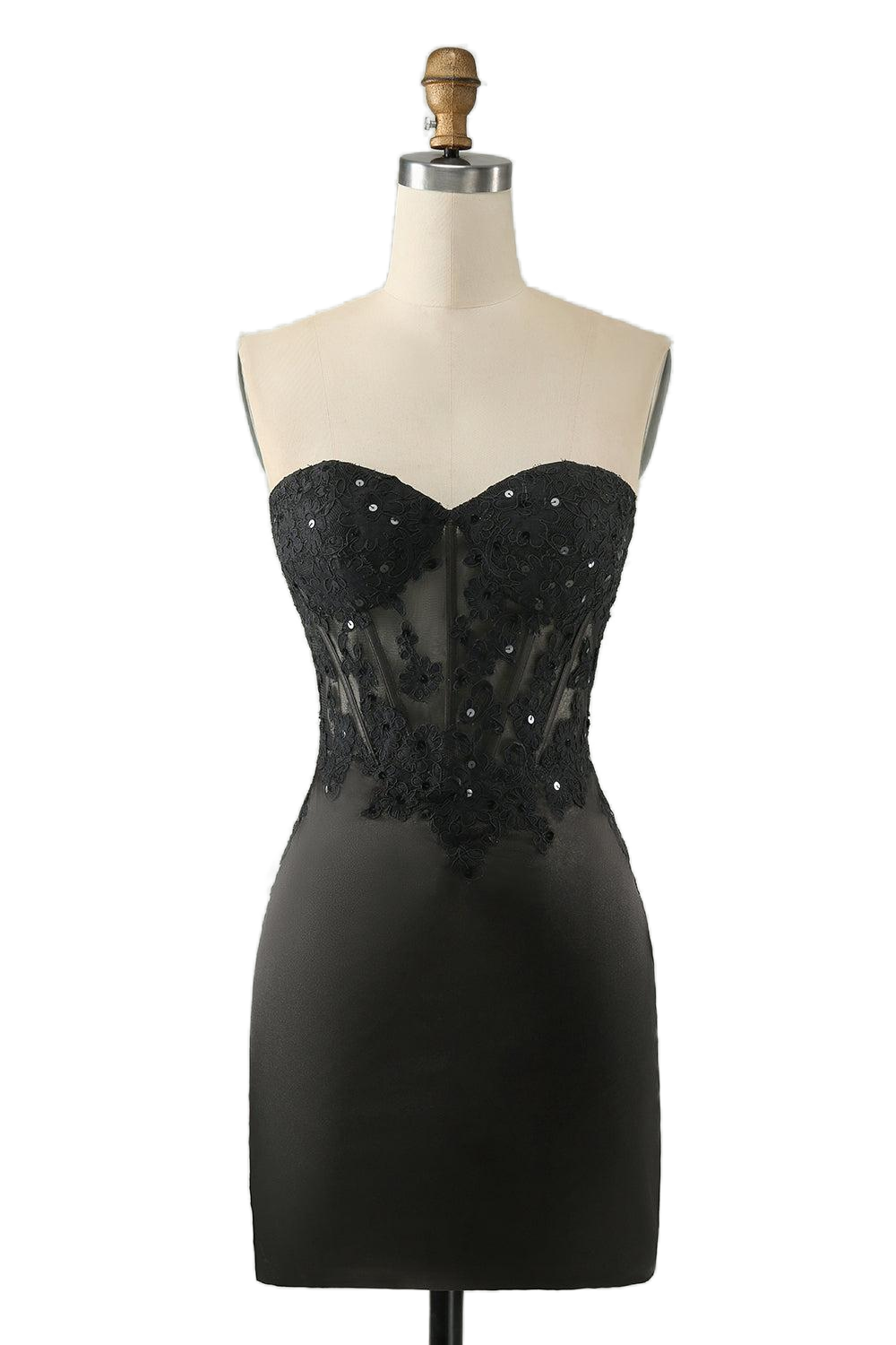 Sweetheart Black Appliques Bodycon Short Dress