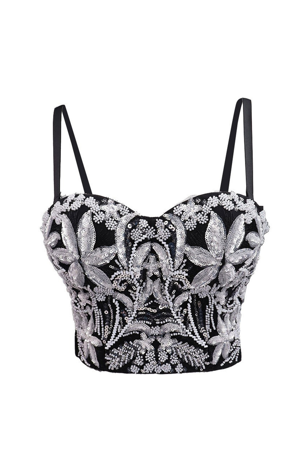 Sweetheart Black and White Floral Beaded Corset Top