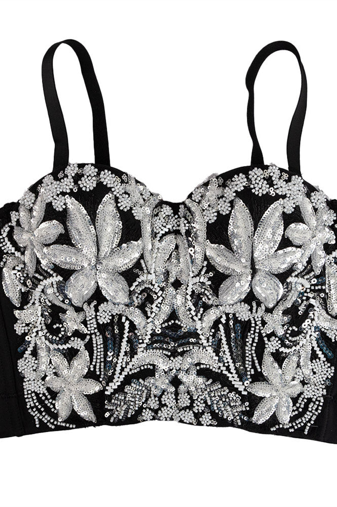 
                      
                        Sweetheart Black and White Floral Beaded Corset Top
                      
                    