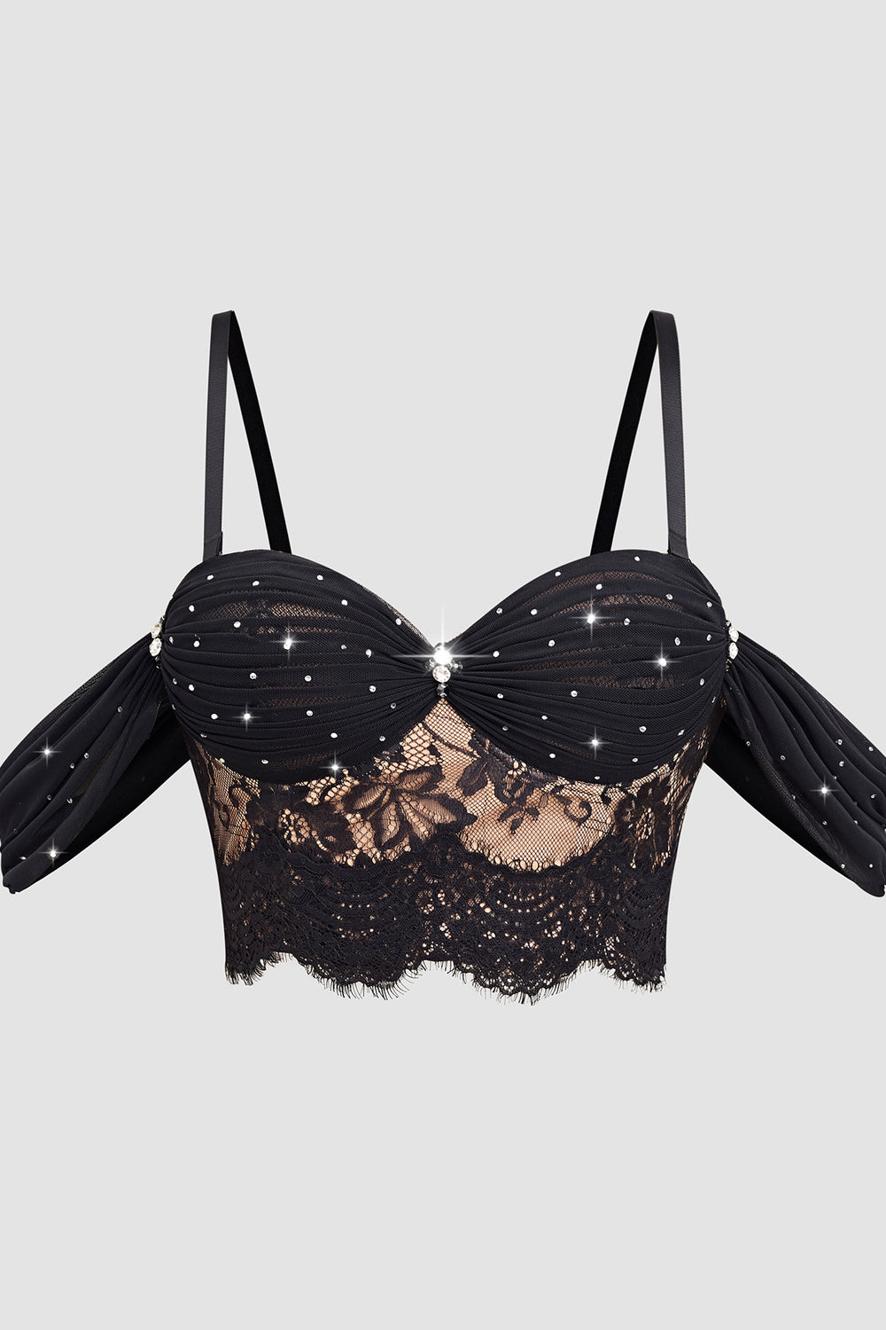 Sweetheart Black Rhinestone Ruched Lace Top