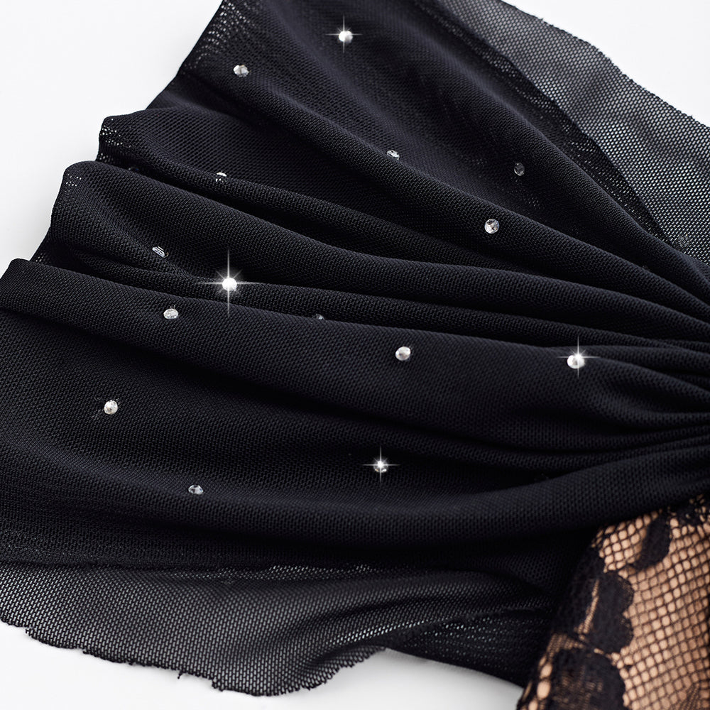 
                      
                        Sweetheart Black Rhinestone Ruched Lace Top
                      
                    