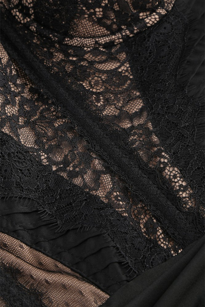 
                      
                        Sweetheart Black Ruched Lace Mini Dress with Side Train
                      
                    