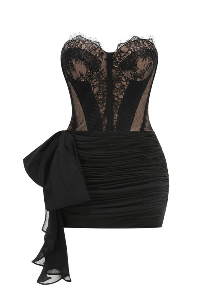 Sweetheart Black Ruched Lace Mini Dress with Side Train