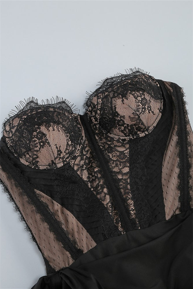 
                      
                        Sweetheart Black Ruched Lace Mini Dress with Side Train
                      
                    