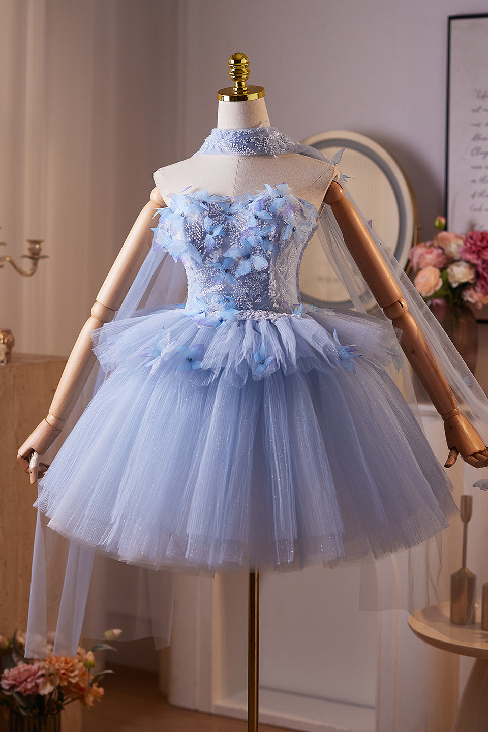 Sweetheart Blue 3D Butterfly Tiered Glitter Short Dress
