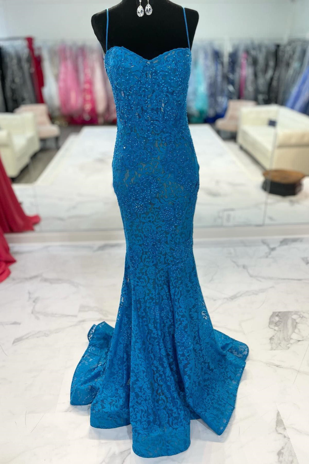 Sweetheart Blue Beaded Mermaid Long Lace Dress