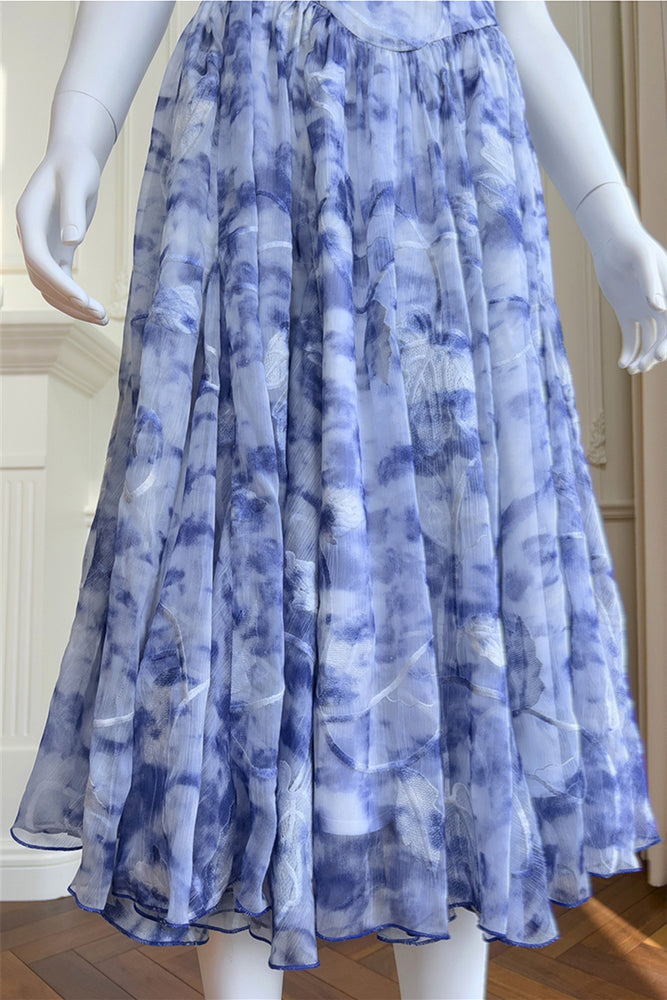 
                      
                        Sweetheart Blue and White Floral Print Long Dress
                      
                    