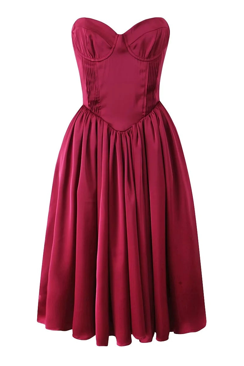 Sweetheart Burgundy Pleated A-line Midi Dress