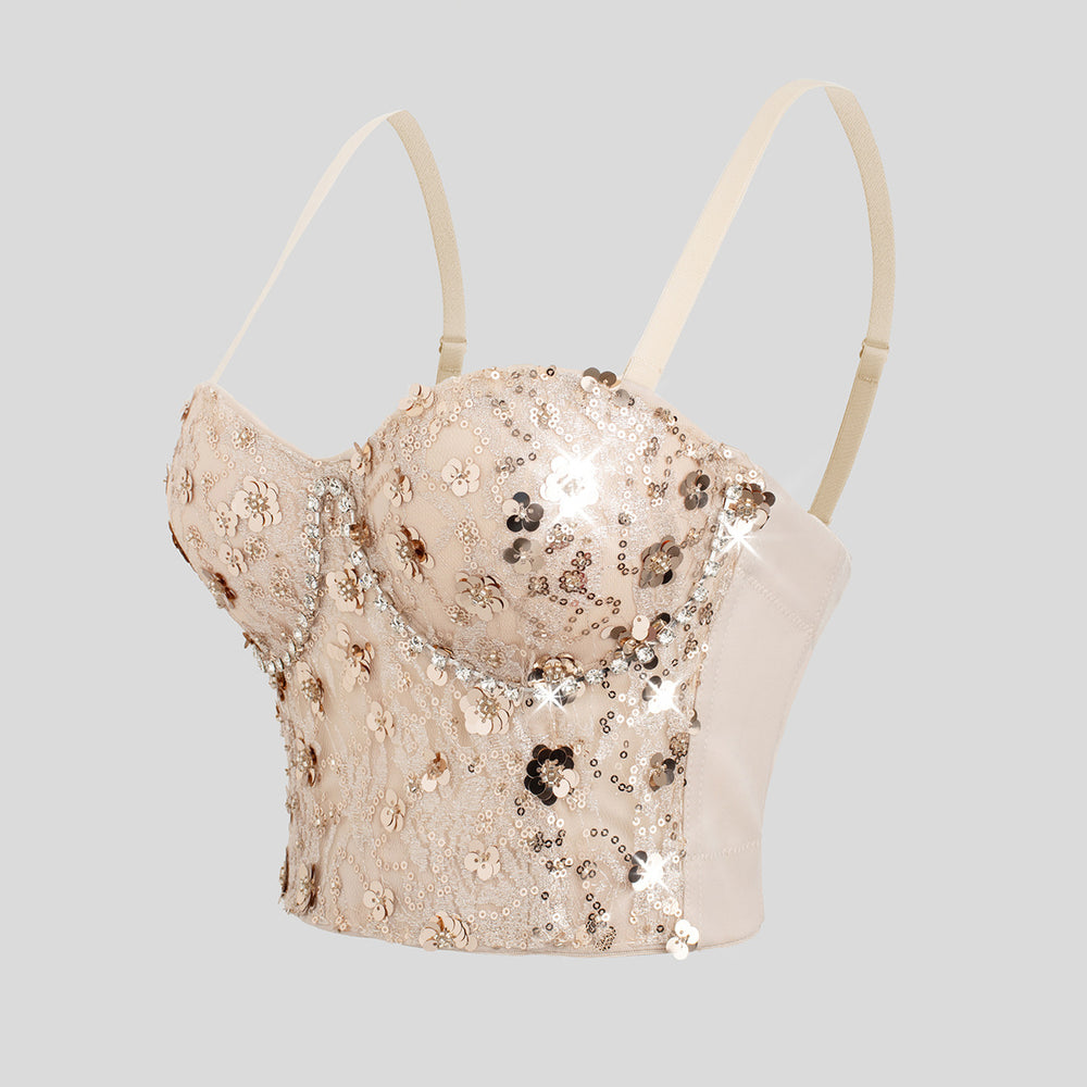 
                      
                        Sweetheart Champagne Floral Sequin Corset Top
                      
                    