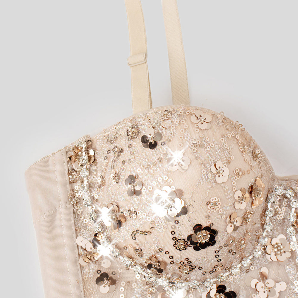 
                      
                        Sweetheart Champagne Floral Sequin Corset Top
                      
                    
