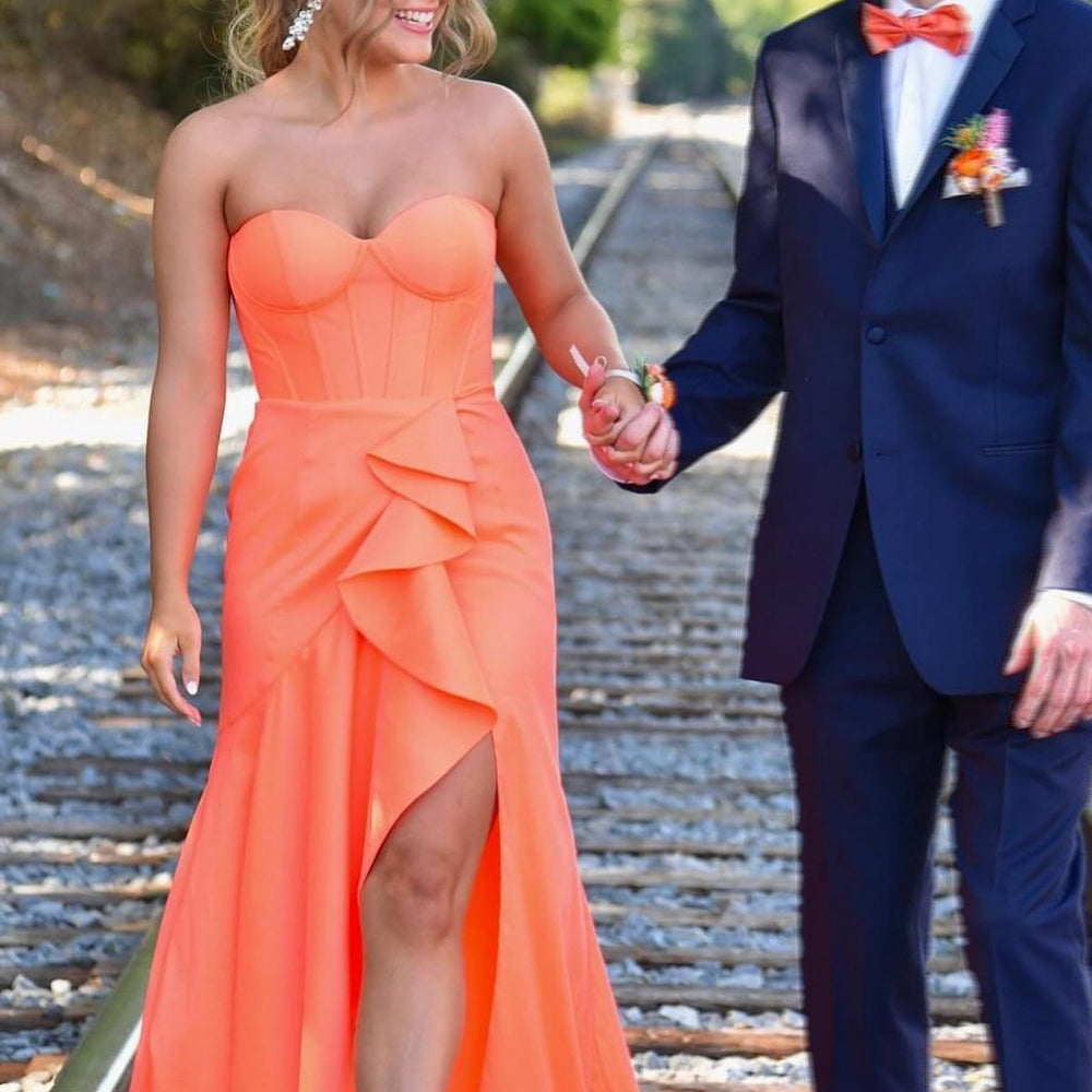 
                      
                        Sweetheart Coral Ruffle Satin Long Dress with Slit
                      
                    
