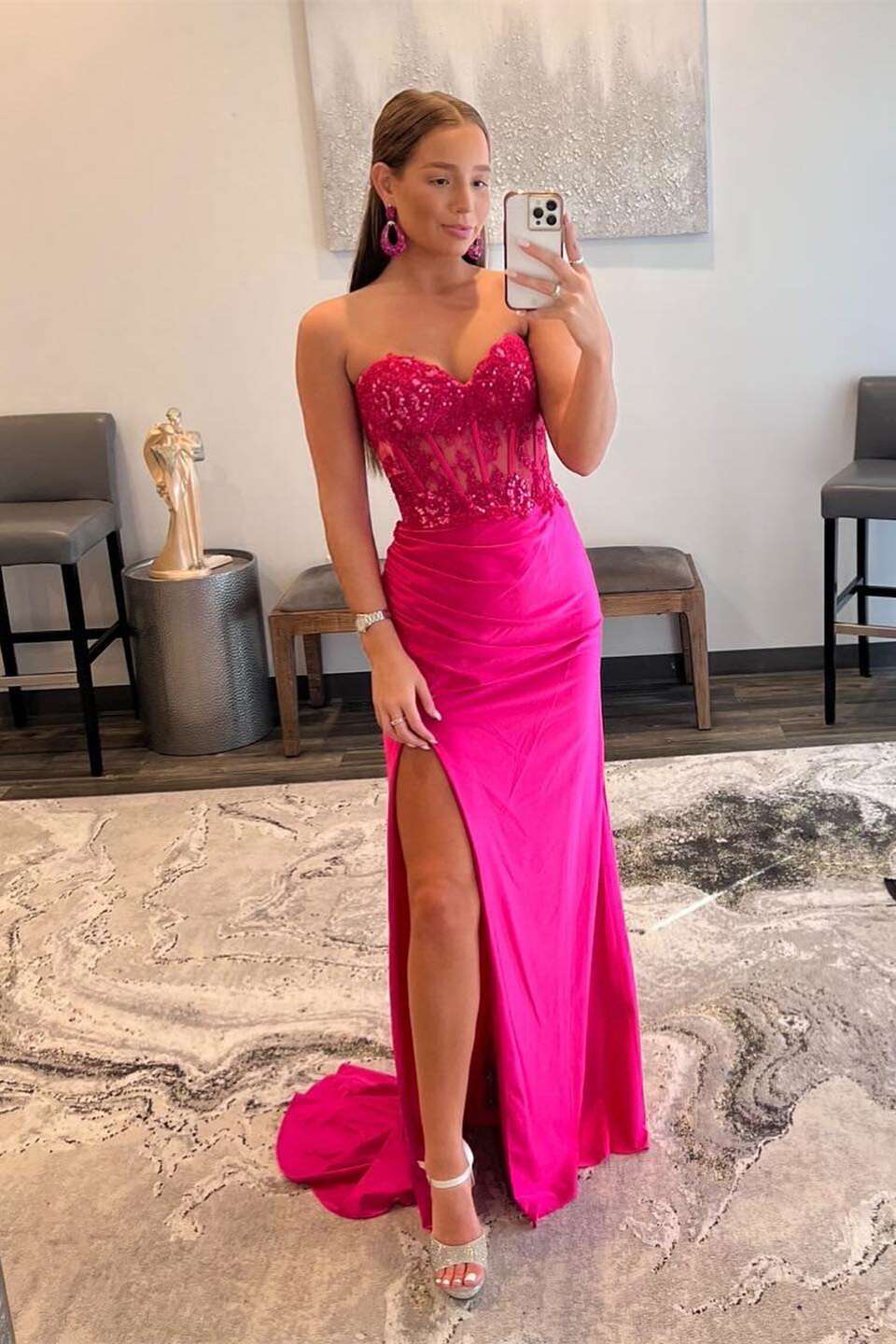 Sweetheart Fuchsia Appliques Long Dress with Slit