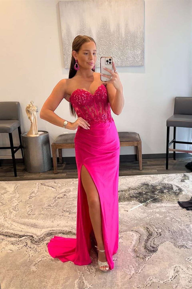 
                      
                        Sweetheart Fuchsia Appliques Long Dress with Slit
                      
                    