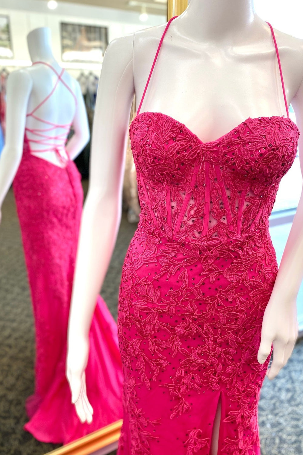 Sweetheart Fuchsia Lace Appliques Mermaid Long Dress