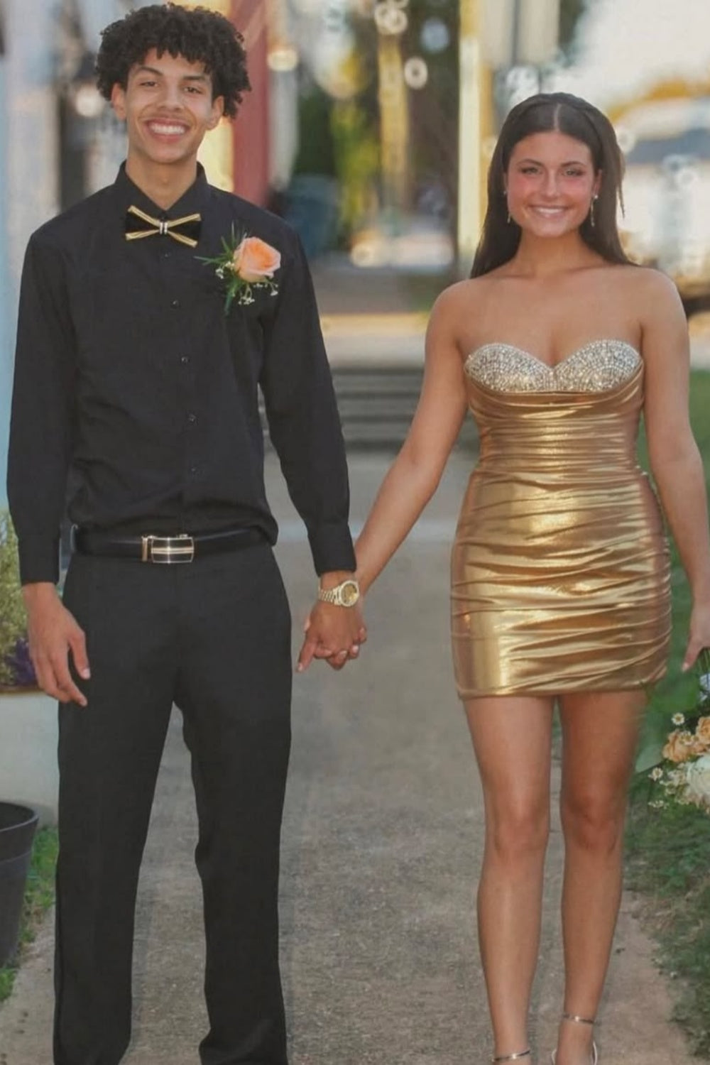Sweetheart Gold Beaded Neck Ruched Short Dress
