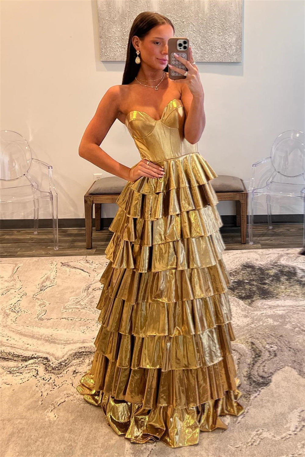 Sweetheart Golden Metallic Layered Long Dress