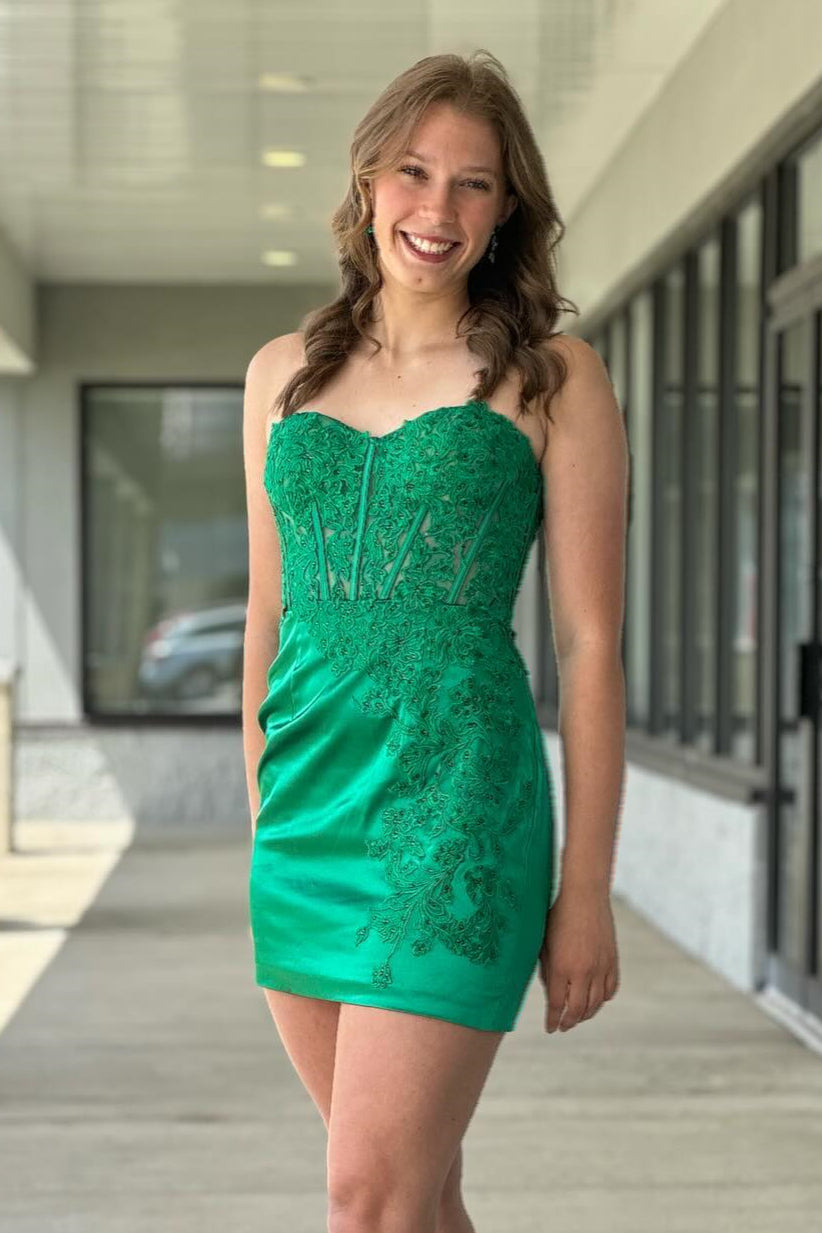 Sweetheart Green Appliques Satin Short Dress