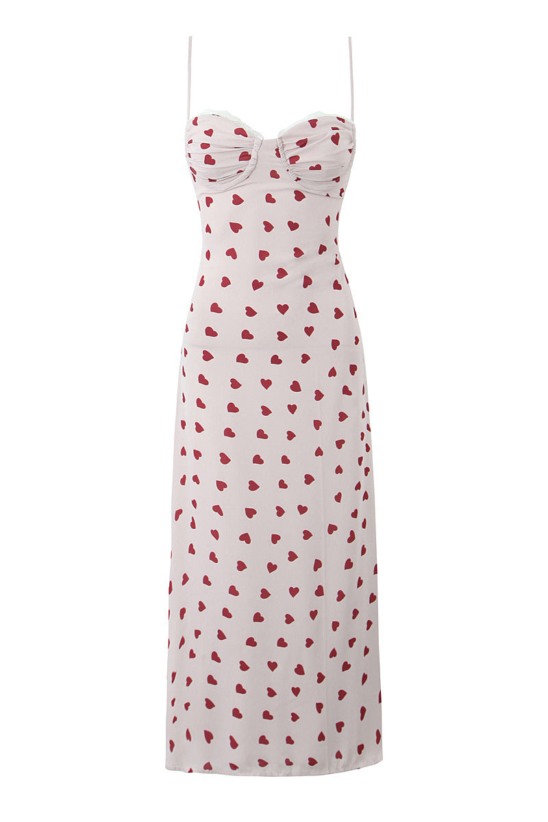 Sweetheart Heart Print Ruched Maxi Dress