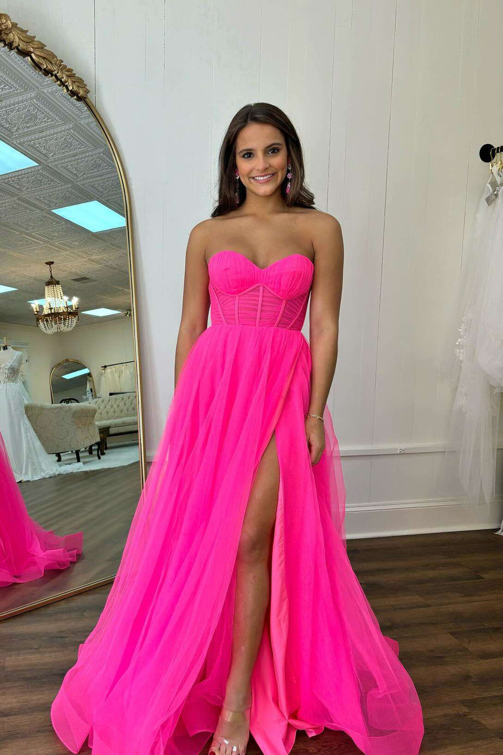 Sweetheart Hot Pink A-line Long Dress with Slit