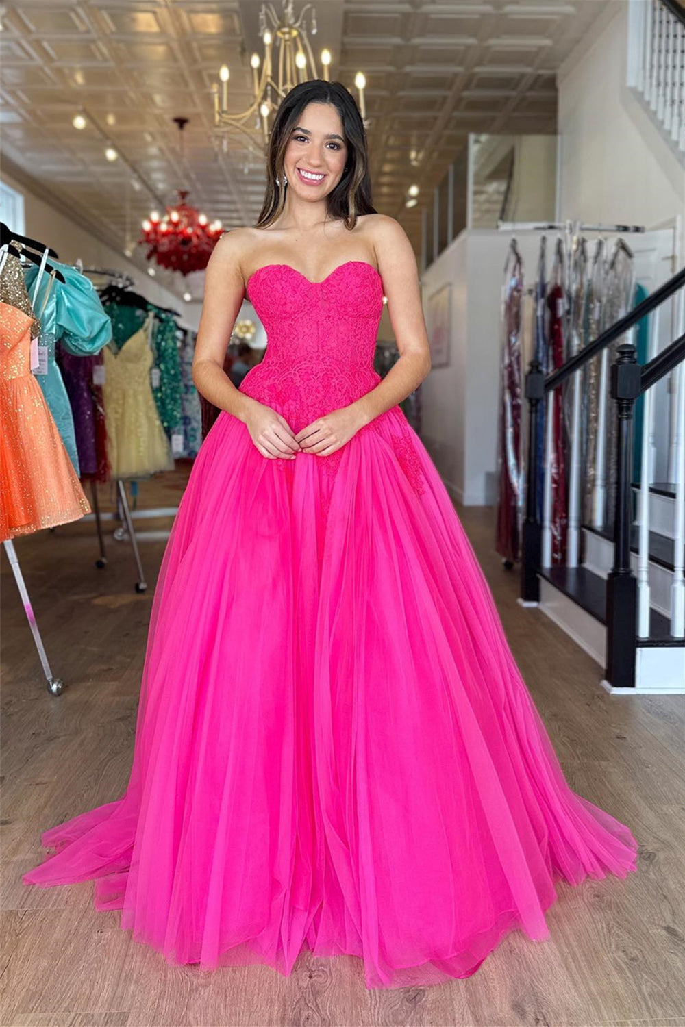 Sweetheart Hot Pink Appliques A-line Long Dress