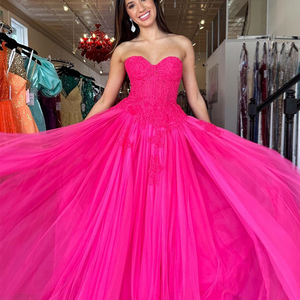 
                      
                        Sweetheart Hot Pink Appliques A-line Long Dress
                      
                    