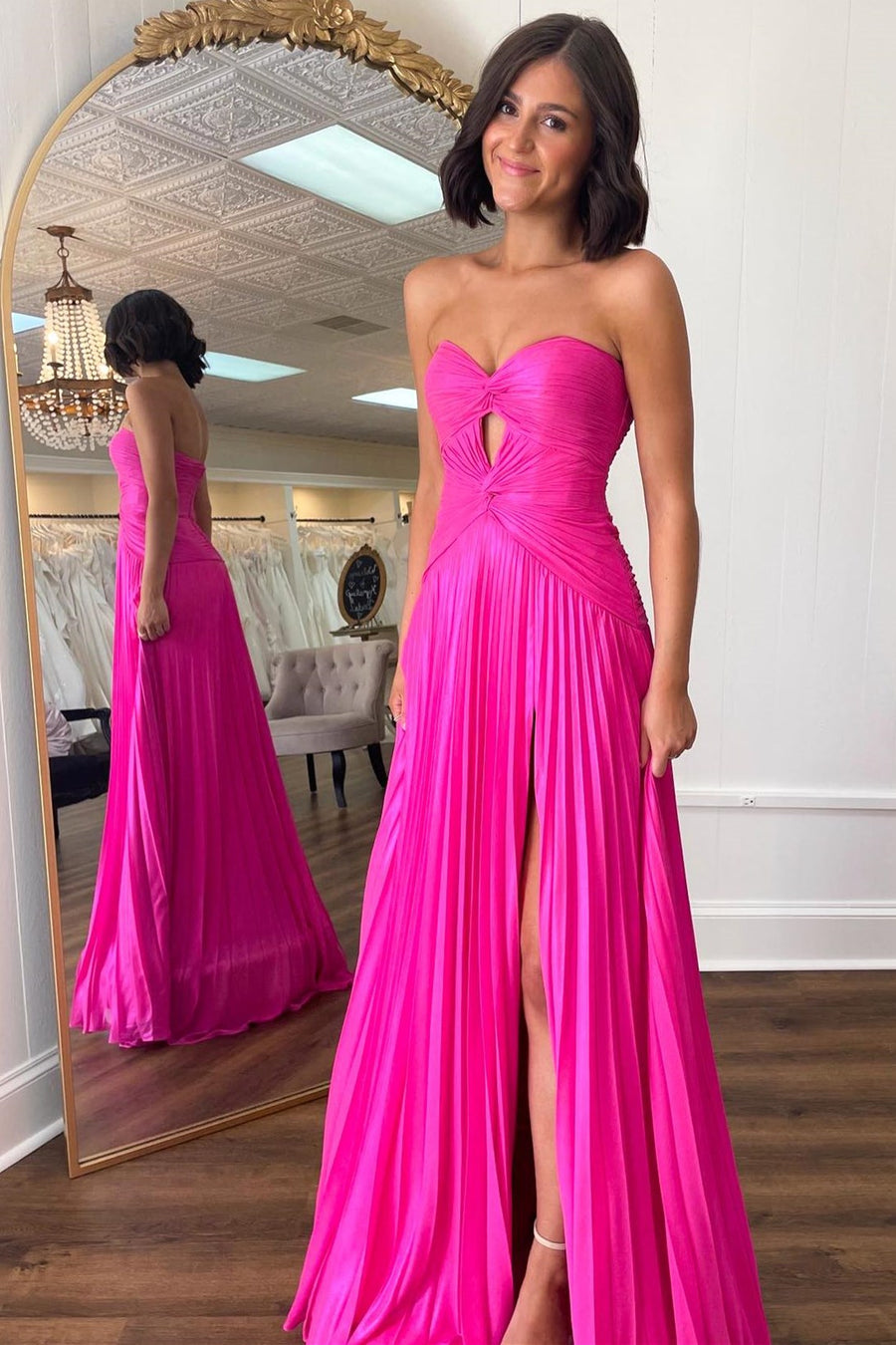 Sweetheart Hot Pink Pleated Long Dress with Slit