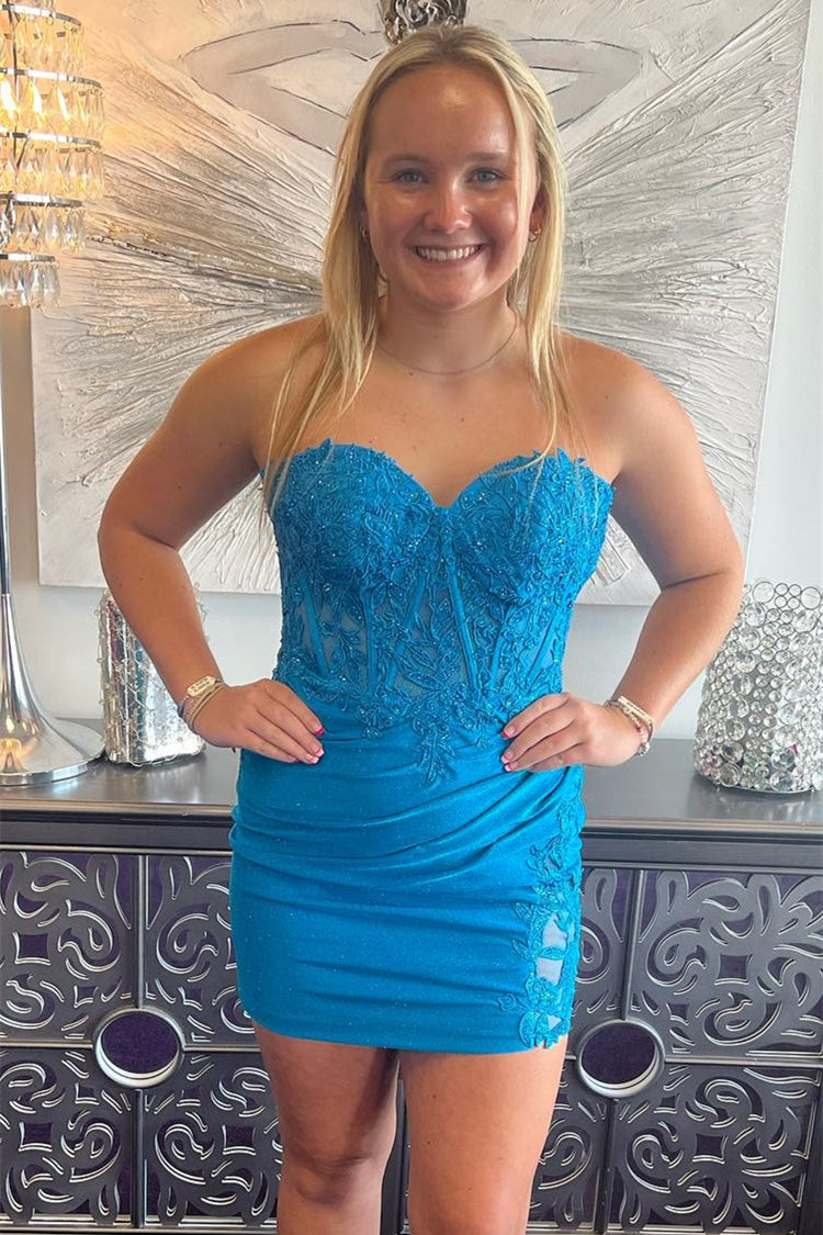 Sweetheart Lake Blue Appliques Bodycon Short Dress