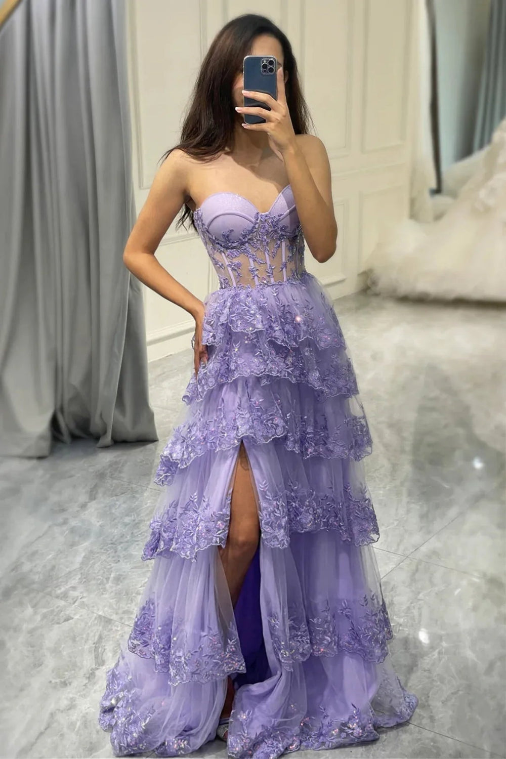 Sweetheart Lavender Appliques Tiered Long Dress